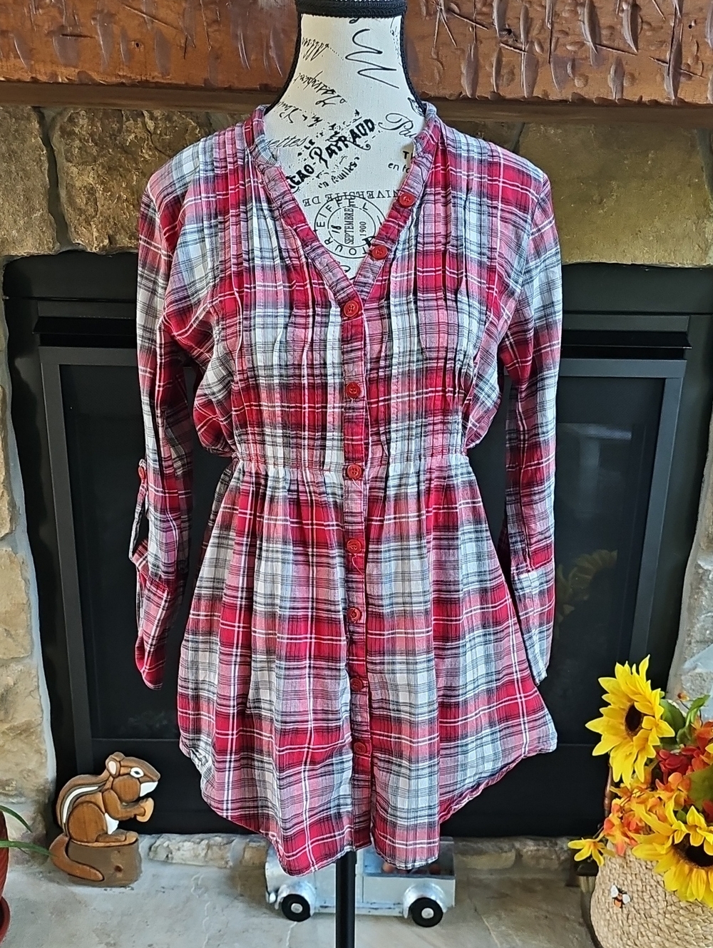 Red Plaid Babydoll Tunic Top | Large